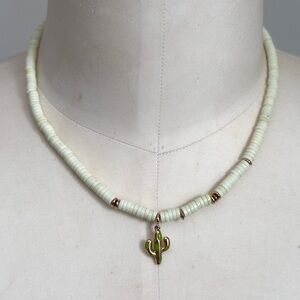 Hefang Sterling Silver Cactus Necklace - White Ceramic Flat Beads 925 Designer